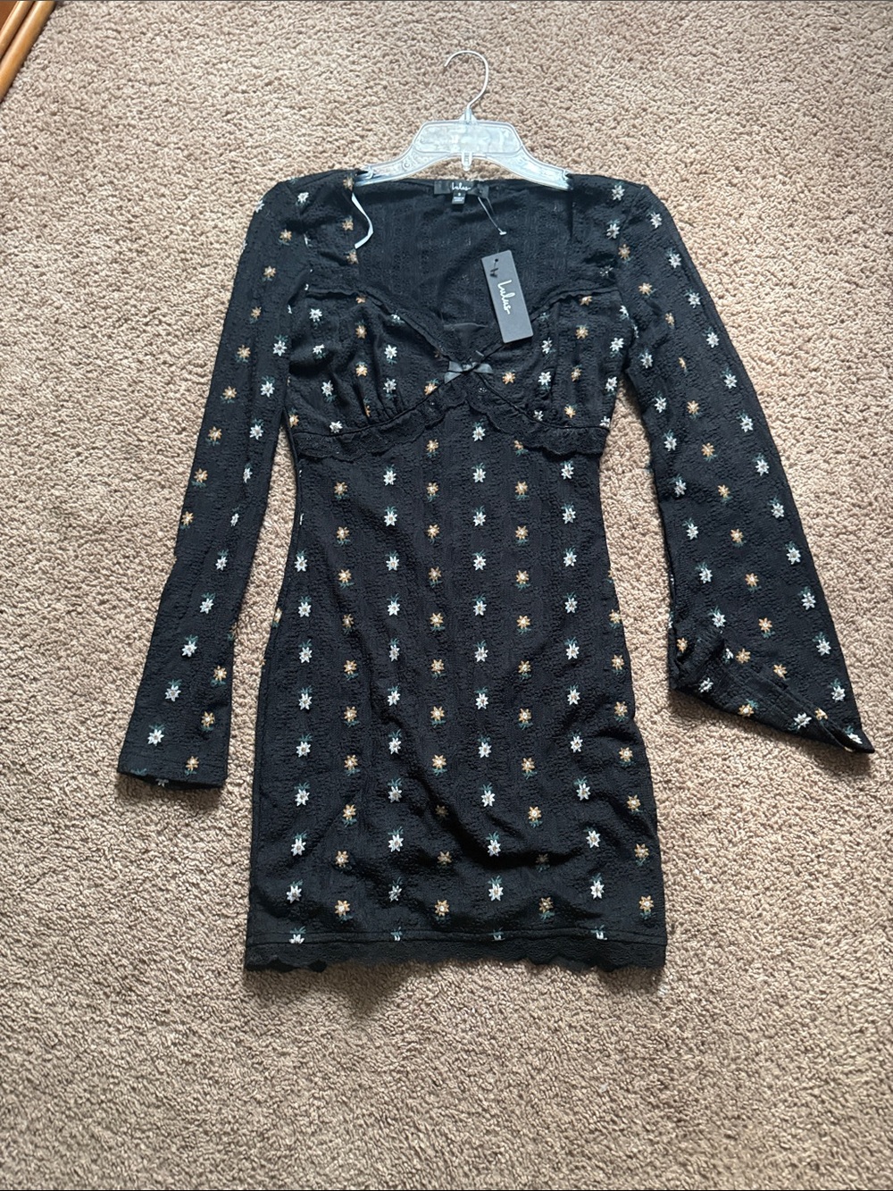Lulu's Black Long-Sleeve Mini Dress with Gold & White Star Embroidery
